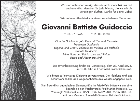 Todesanzeige von Giovanni Guidoccio von saarbruecker_zeitung