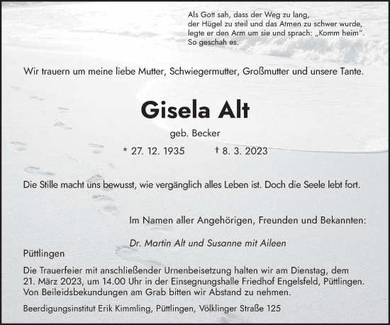 Todesanzeige von Gisela Alt von saarbruecker_zeitung