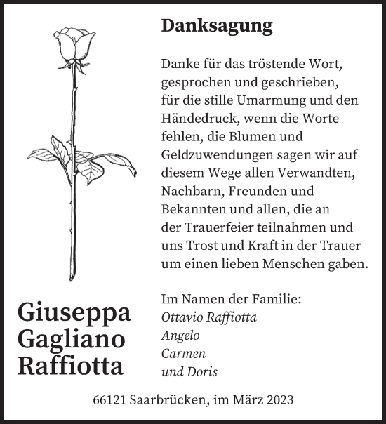 Todesanzeige von Giuseppa Gagliano Raffiotta von saarbruecker_zeitung