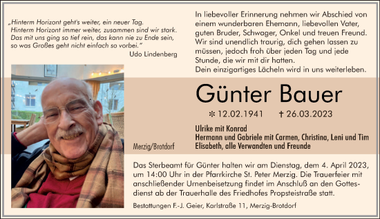 Todesanzeige von Günter Bauer von saarbruecker_zeitung