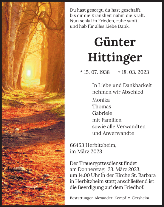Todesanzeige von Günter Hittinger von saarbruecker_zeitung