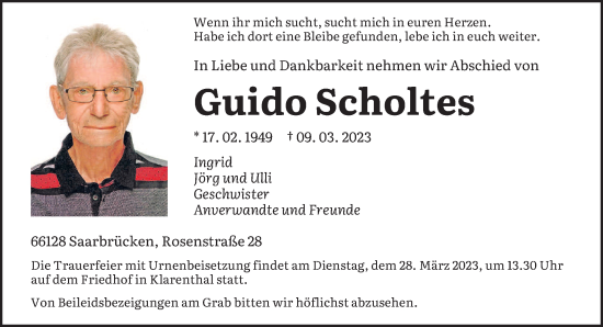 Todesanzeige von Guido Scholtes von saarbruecker_zeitung