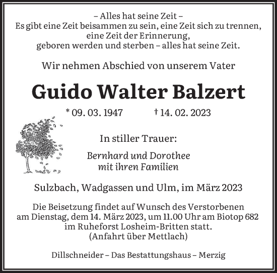 Todesanzeige von Guido Walter Balzert von saarbruecker_zeitung