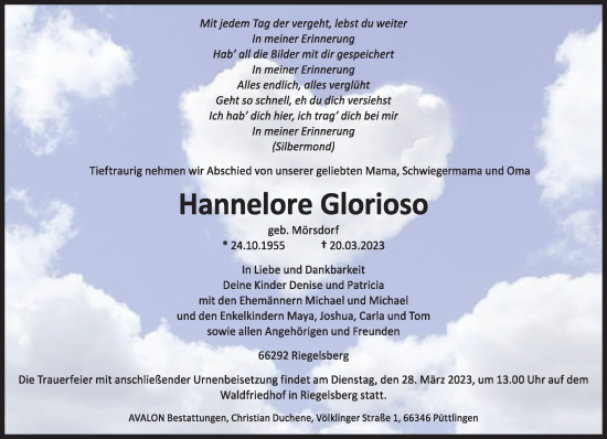 Todesanzeige von Hannelore Glorioso von saarbruecker_zeitung