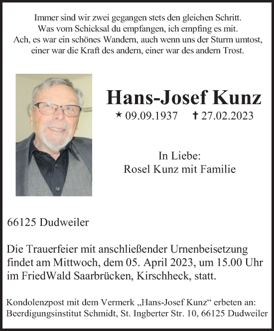 Todesanzeige von Hans-Josef Kunz von saarbruecker_zeitung