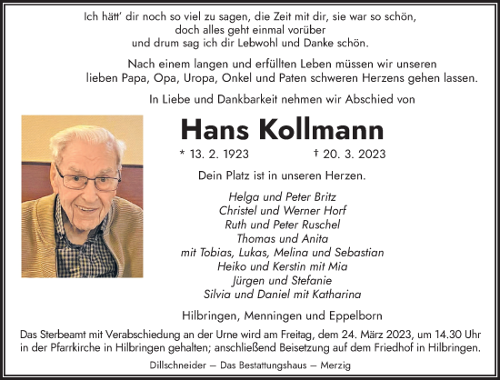 Todesanzeige von Hans Kollmann von saarbruecker_zeitung