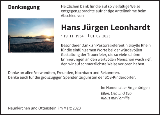 Todesanzeige von Hans Jürgen Leonhardt von saarbruecker_zeitung