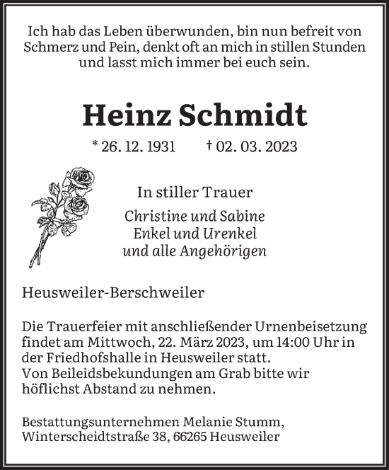 Todesanzeige von Heinz Schmidt von saarbruecker_zeitung