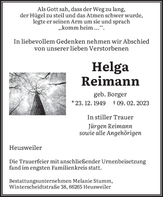 Todesanzeige von Helga Reimann von saarbruecker_zeitung