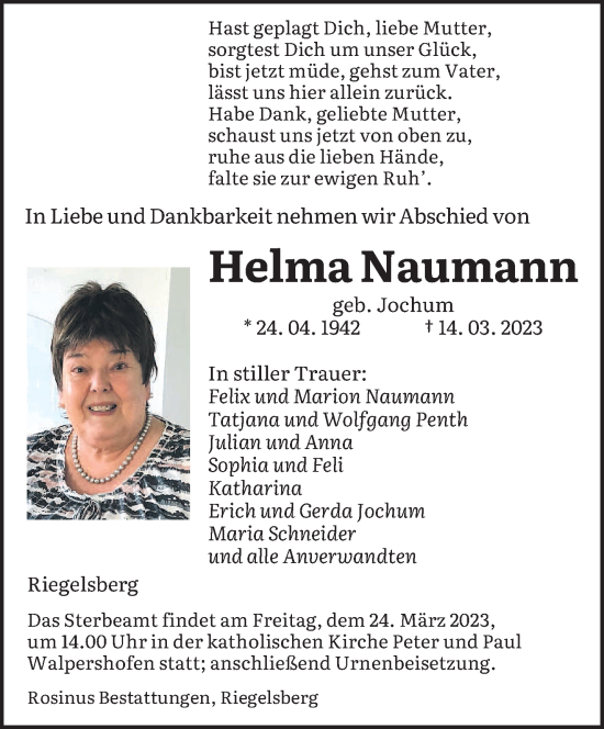 Todesanzeige von Helma Naumann von saarbruecker_zeitung