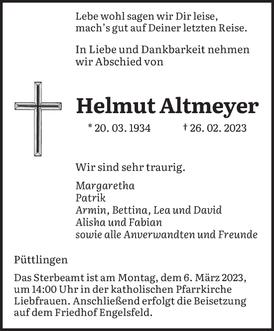 Todesanzeige von Helmut Altmeyer von saarbruecker_zeitung