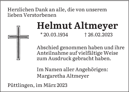 Todesanzeige von Helmut Altmeyer von saarbruecker_zeitung
