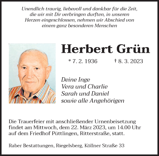 Todesanzeige von Herbert Grün von saarbruecker_zeitung
