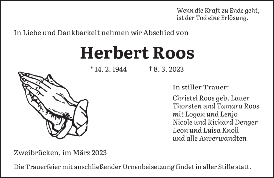 Todesanzeige von Herbert Roos von saarbruecker_zeitung