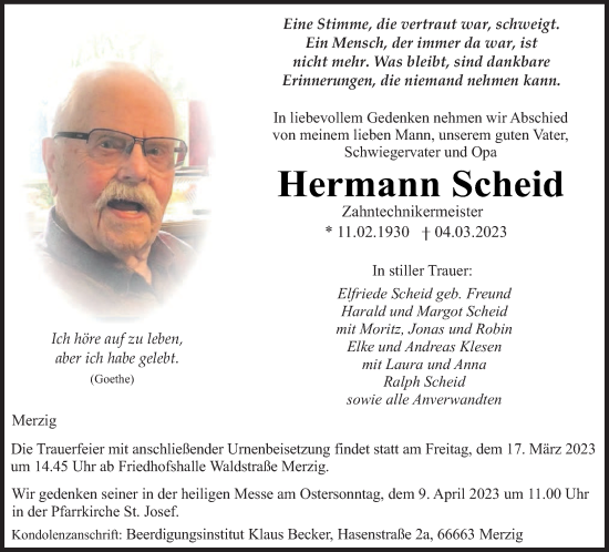 Todesanzeige von Hermann Scheid von saarbruecker_zeitung