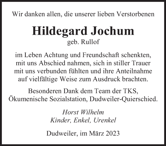 Todesanzeige von Hildegard Jochum von saarbruecker_zeitung