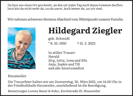 Todesanzeige von Hildegard Ziegler von saarbruecker_zeitung
