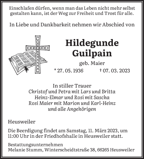 Todesanzeige von Hildegunde Guilpain von saarbruecker_zeitung