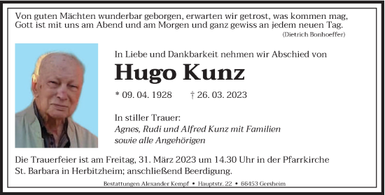 Todesanzeige von Hugo Kunz von saarbruecker_zeitung