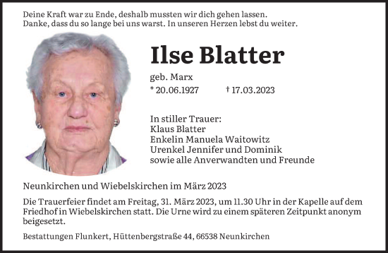 Todesanzeige von Ilse Blatter von saarbruecker_zeitung