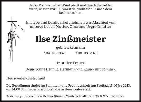Todesanzeige von Ilse Zinßmeister von saarbruecker_zeitung