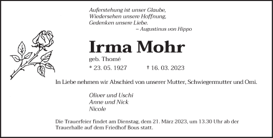 Todesanzeige von Irma Mohr von saarbruecker_zeitung