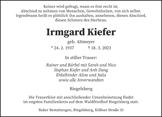 Todesanzeige von Irmgard Kiefer von saarbruecker_zeitung