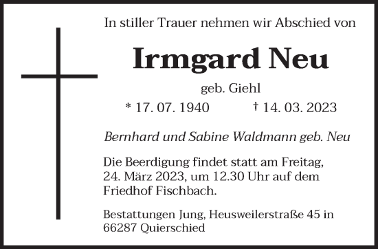 Todesanzeige von Irmgard Neu von saarbruecker_zeitung