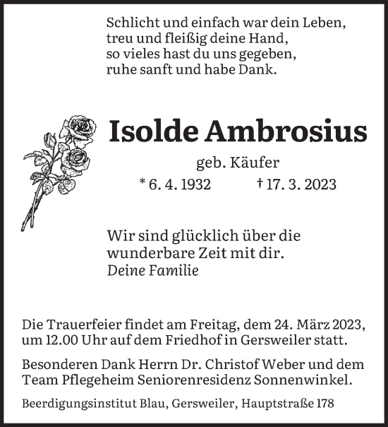 Todesanzeige von Isolde Ambrosius von saarbruecker_zeitung