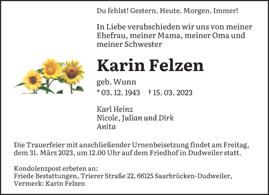 Todesanzeige von Karin Felzen von saarbruecker_zeitung