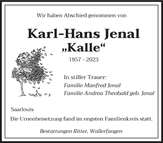 Todesanzeige von Karl-Hans Jenal von saarbruecker_zeitung