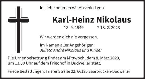 Todesanzeige von Karl-Heinz Nikolaus von saarbruecker_zeitung