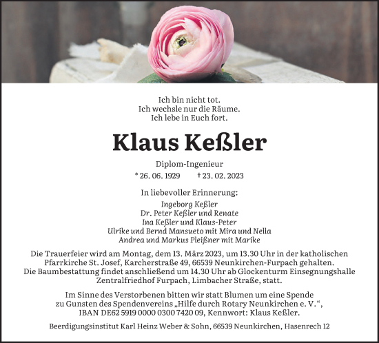 Todesanzeige von Klaus Keßler von saarbruecker_zeitung
