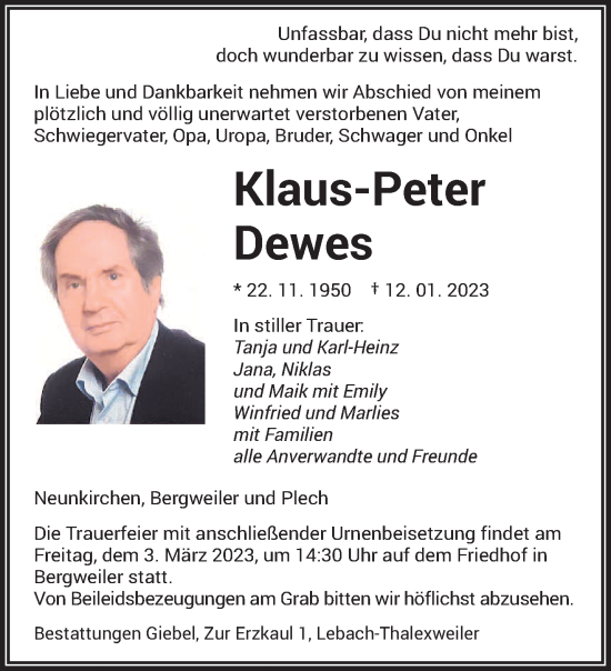 Todesanzeige von Klaus-Peter Dewes von saarbruecker_zeitung