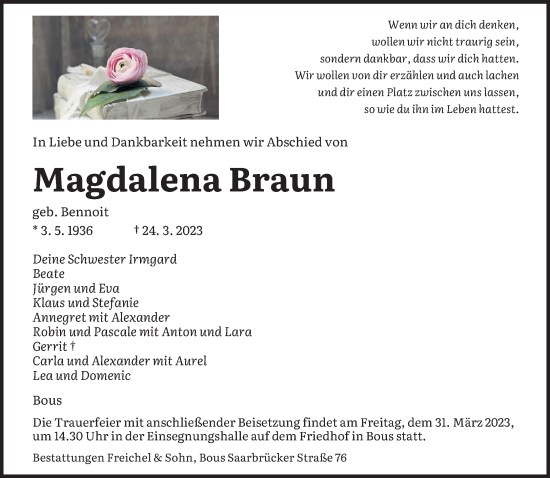 Todesanzeige von Magdalena Braun von saarbruecker_zeitung