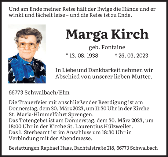 Todesanzeige von Marga Kirch von saarbruecker_zeitung