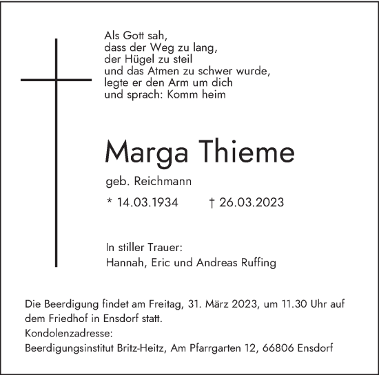 Todesanzeige von Marga Thieme von saarbruecker_zeitung