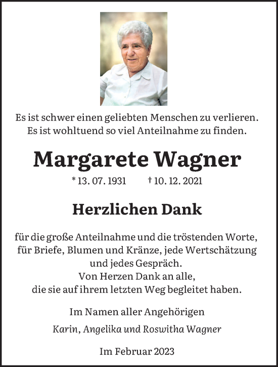 Todesanzeige von Margarete Wagner von saarbruecker_zeitung