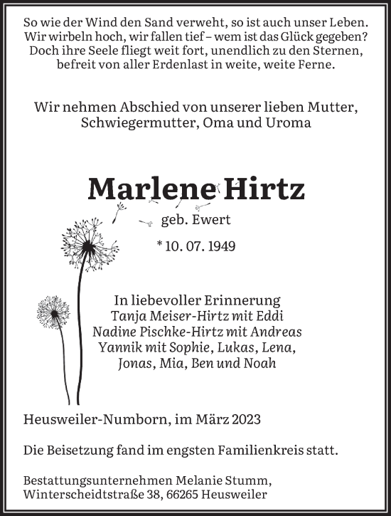 Todesanzeige von Marlene Hirtz von saarbruecker_zeitung