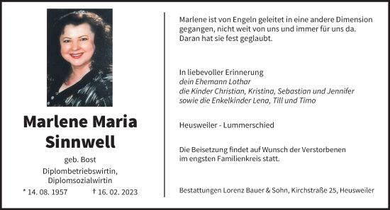 Todesanzeige von Marlene Maria Sinnwell von saarbruecker_zeitung