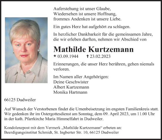 Todesanzeige von Mathilde Kurtzemann von saarbruecker_zeitung