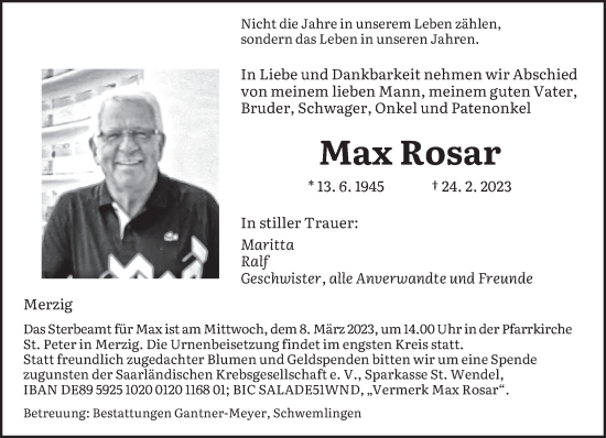 Todesanzeige von Max Rosar von saarbruecker_zeitung