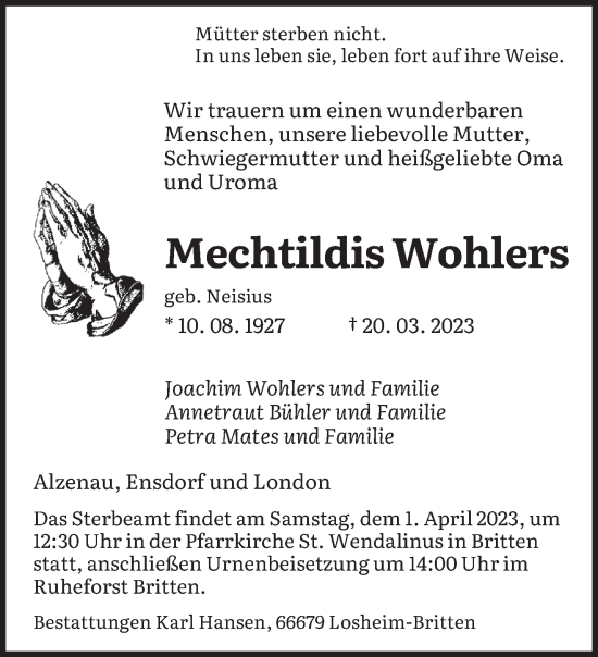 Todesanzeige von Mechtildis Wohlers von saarbruecker_zeitung