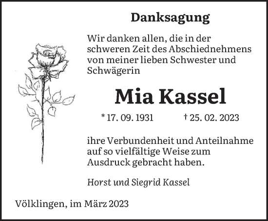 Todesanzeige von Mia Kassel von saarbruecker_zeitung