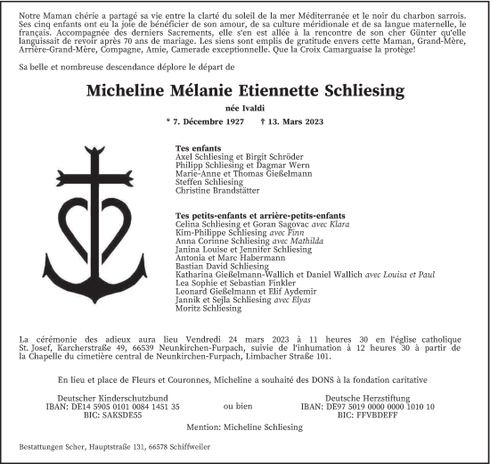 Todesanzeige von Micheline Melanie Etiennette Schliesing von saarbruecker_zeitung