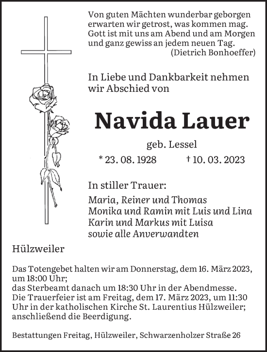 Todesanzeige von Navida Lauer von saarbruecker_zeitung