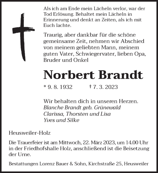 Todesanzeige von Norbert Brandt von saarbruecker_zeitung