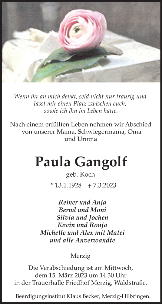 Todesanzeige von Paula Gangolf von saarbruecker_zeitung