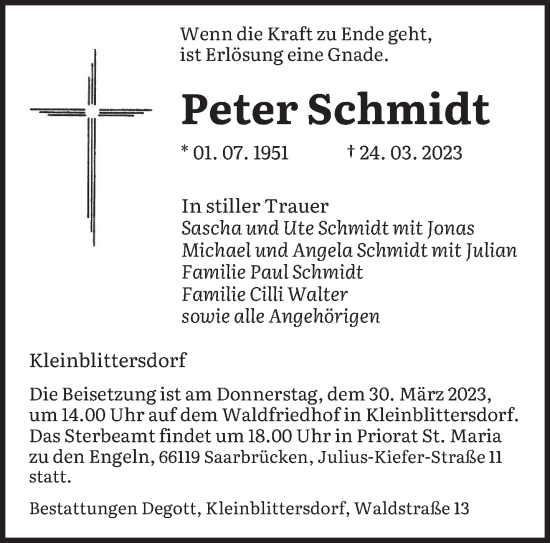 Todesanzeige von Peter Schmidt von saarbruecker_zeitung