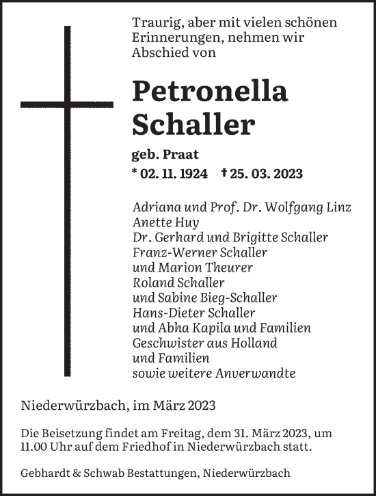 Todesanzeige von Petronella Schaller von saarbruecker_zeitung